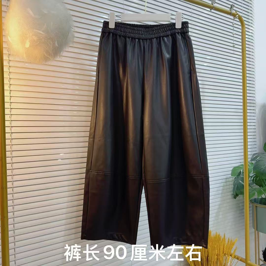 胖MM2025时尚新款经典黑色水洗皮九分裤大码胖妹妹宽松新穿搭皮裤