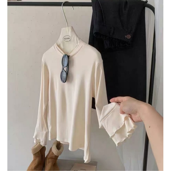 韩系双层波边半高领长袖T恤女2025秋冬叠穿百搭减龄打底上衣