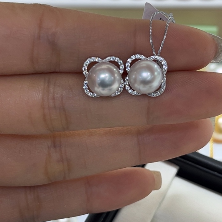 银S925镶嵌耳饰海水珍珠明*～8-9mm