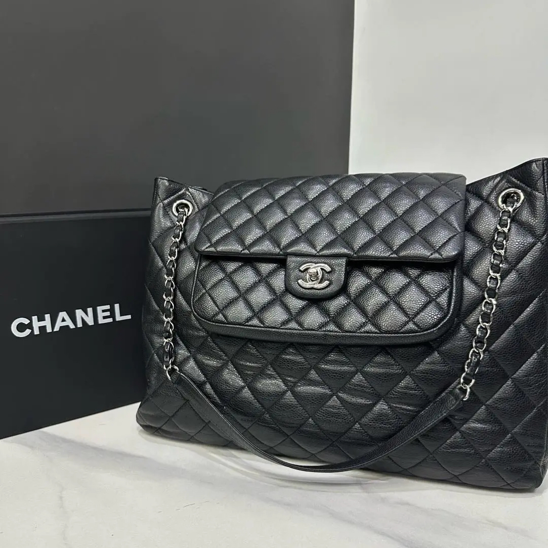 95新 Chanel/香奈儿 黑银双口袋托特包18开37cm/JJ5112003