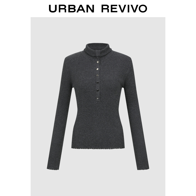 UR2026春季新款女装气质肌理感立领亮丝花边针织衫UWM950133