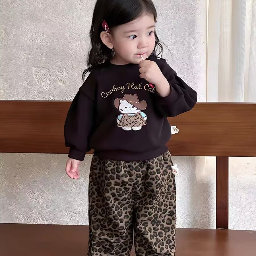 秋装婴儿衣服女童韩系卡通卫衣豹纹长裤两件套周岁女宝宝秋季套装