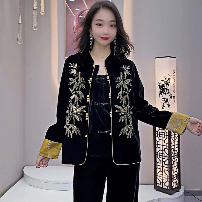 单件外套手工刺绣钻新中式国风盘滚边拼色袖口带里衬气质#马5613