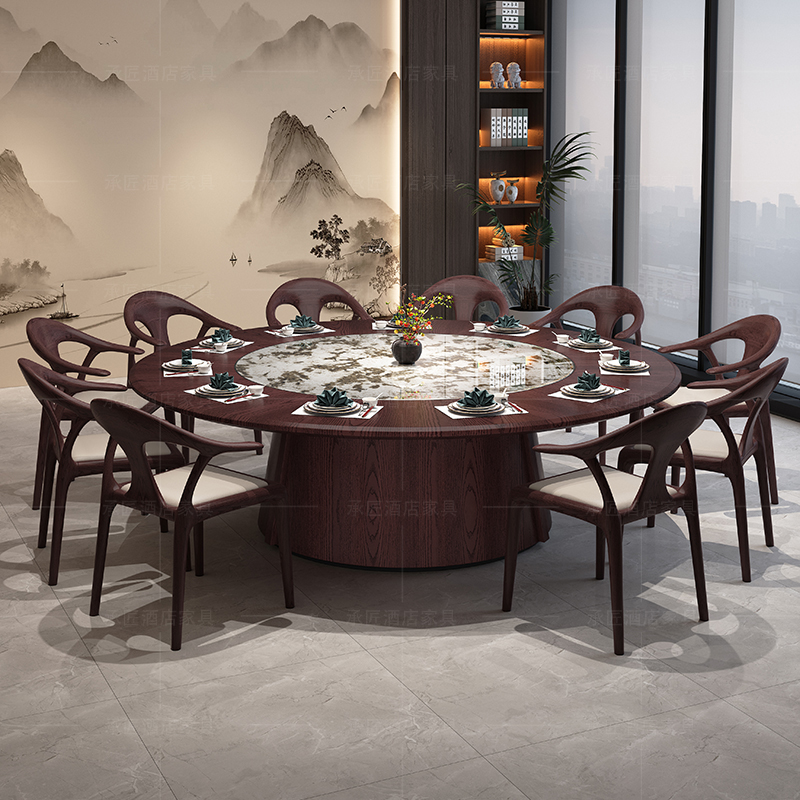 酒店餐桌大圆桌电动转盘会所饭店餐厅包厢新中式餐桌椅大理石餐桌