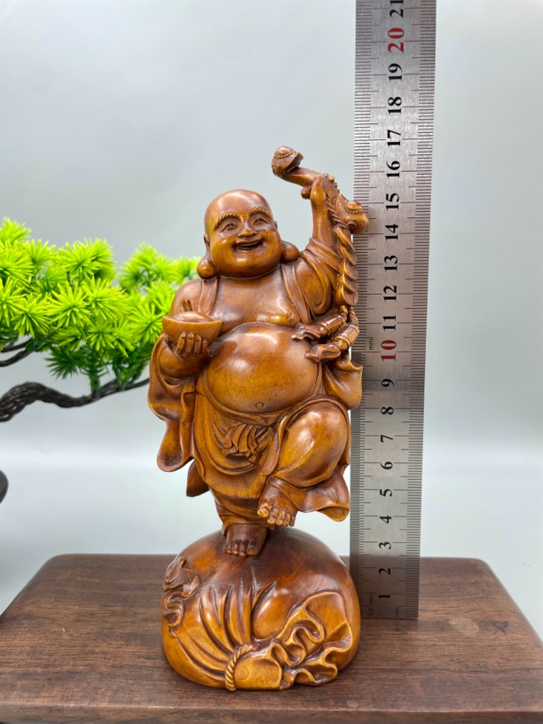 小叶黄杨木做旧木雕雕刻（如意元宝弥勒佛）客厅玄关摆件木雕工艺品