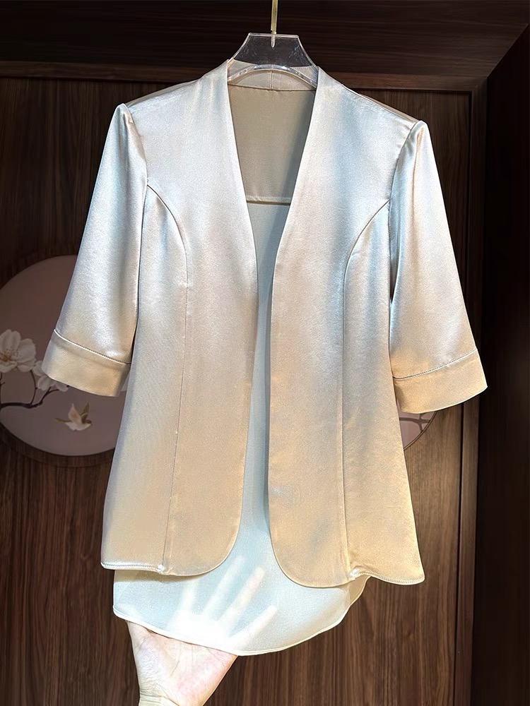 4612 极简风纯色开门襟拼接七分袖西装透气杏色外搭夏季时尚西装