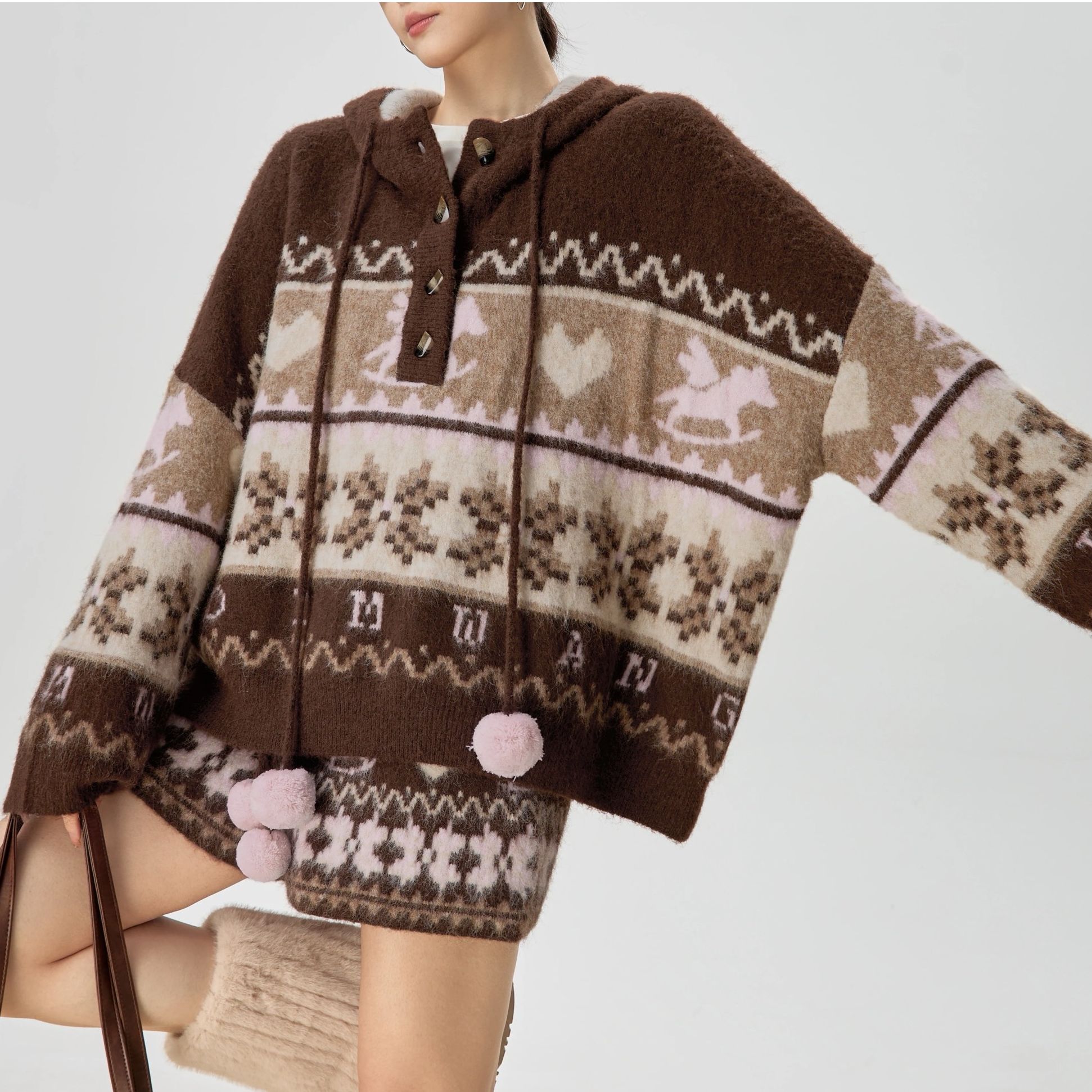 【几何提花】提花连帽针织衫毛衣短裤内搭套装冬穿搭一整套.D2267