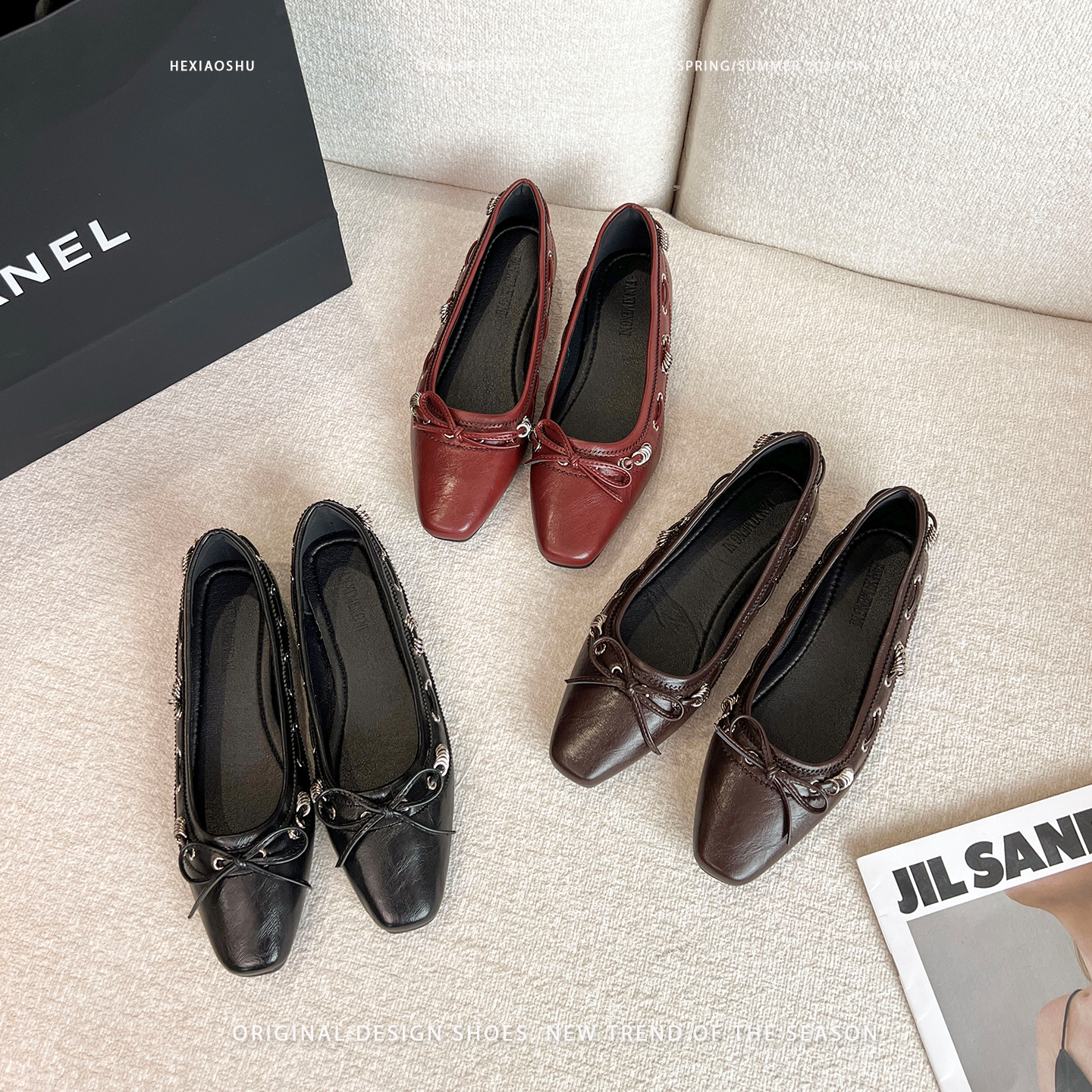 真皮版~法式方头蝴蝶结玛丽珍鞋女2025新款金属扣一脚蹬软底单鞋