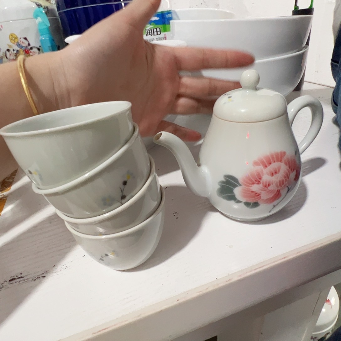 瓷片景德镇陶瓷芙蓉花一壶四杯
