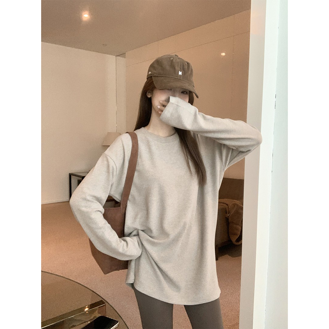 中长款盖屁股长袖t恤女加厚奥绒内搭打底衫chic燕麦色百搭上衣服