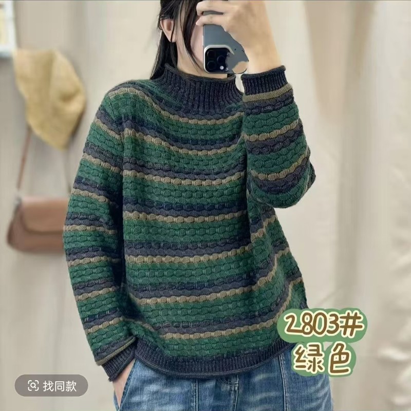 2025复古港风打底上衣宽松时尚毛针织衫常规条纹针织女毛衣
