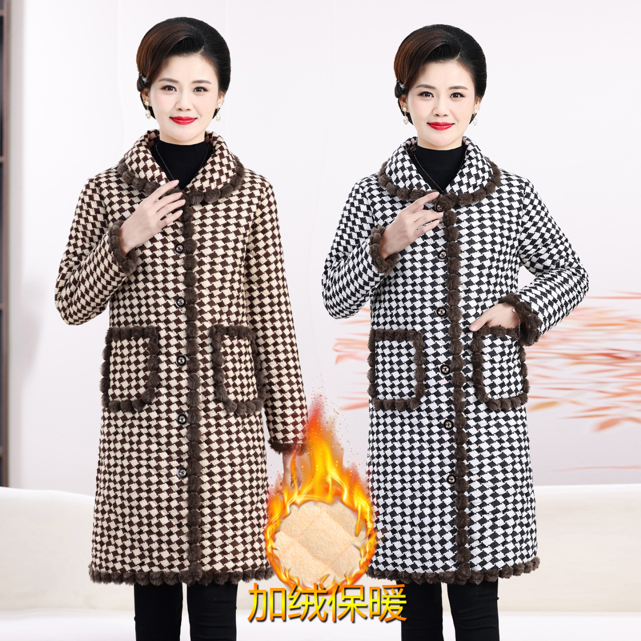 大码格子棉衣厚款保暖中长款宽松型加绒加厚款植绒中老年棉服