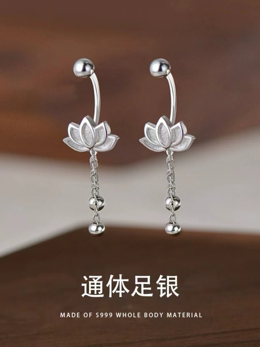 足银合成锆石耳饰 足银耳钉女莲花流苏耳钉国潮古风小众气质耳饰