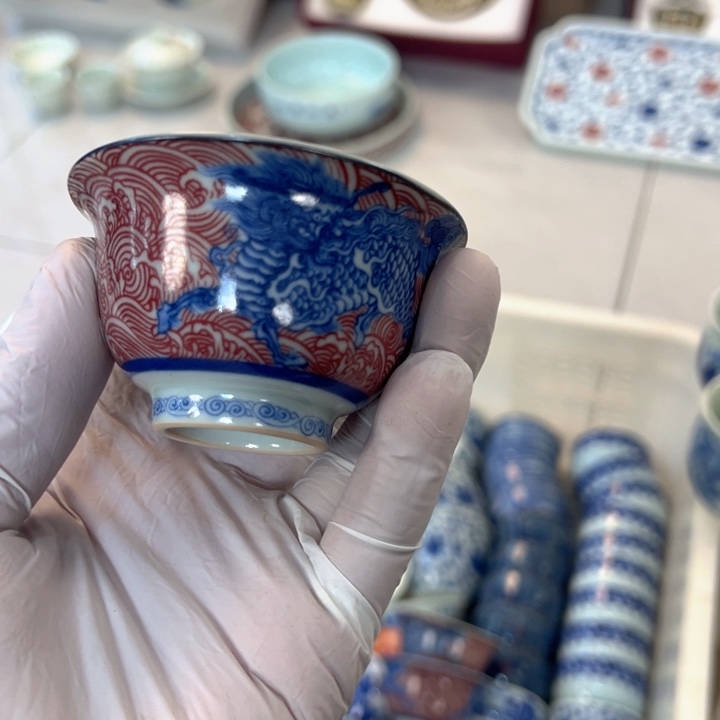 瓷片白青花釉里红麒麟踏浪压手杯客杯微
