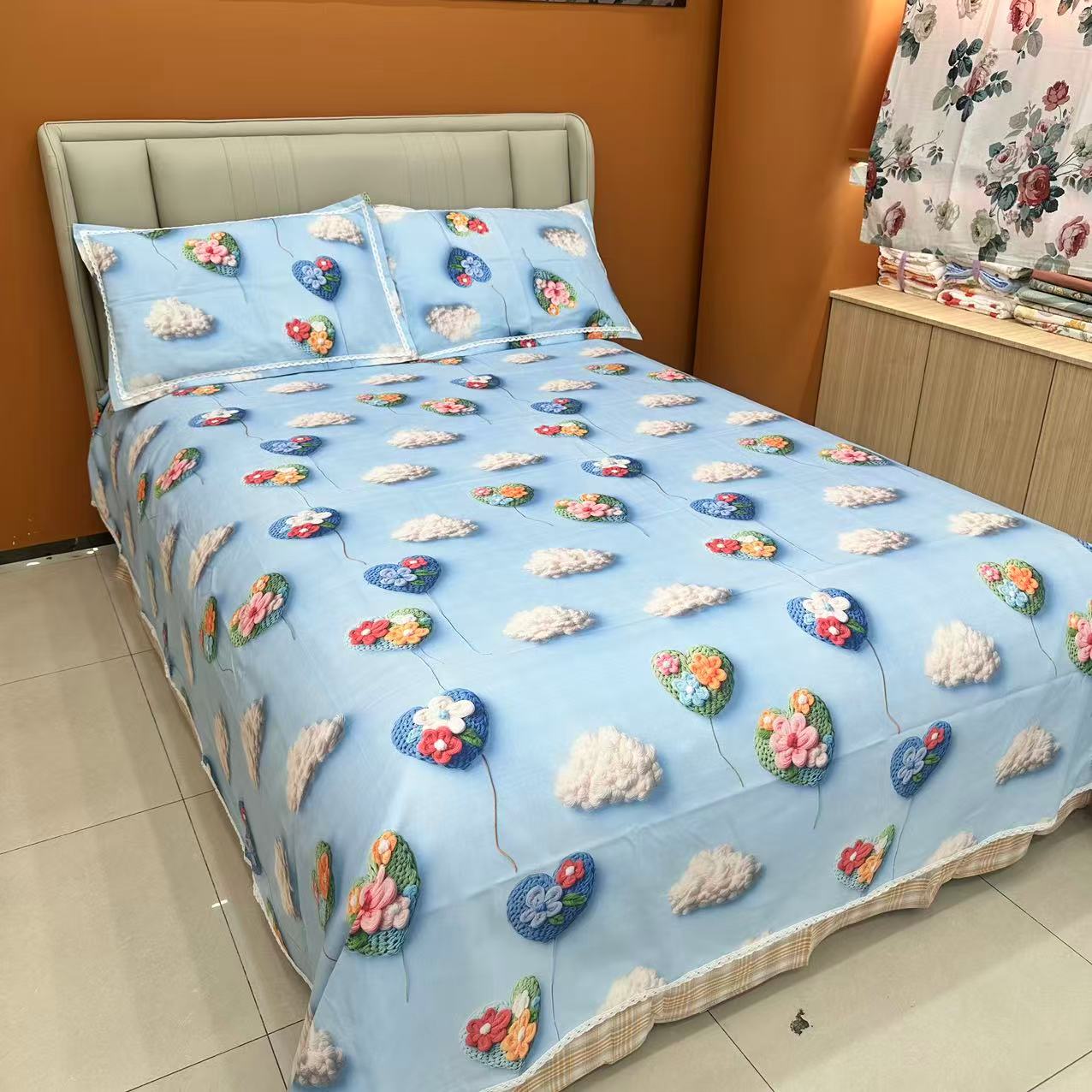 【编织花朵】新款高奢立体印花原棉粗布床单（带花边）--240*240