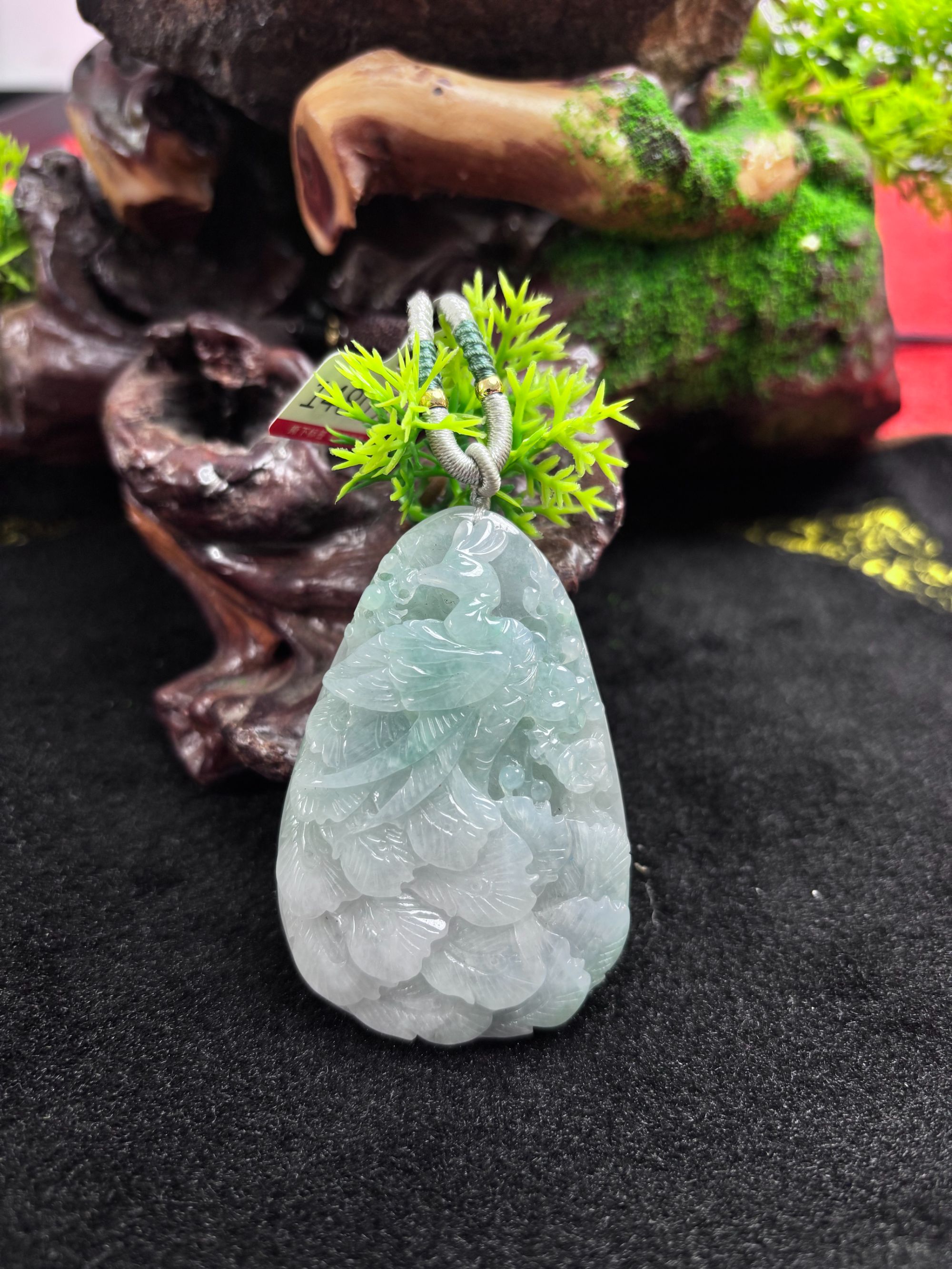 缅甸天然A货翡翠花开富贵花鸟牌挂件