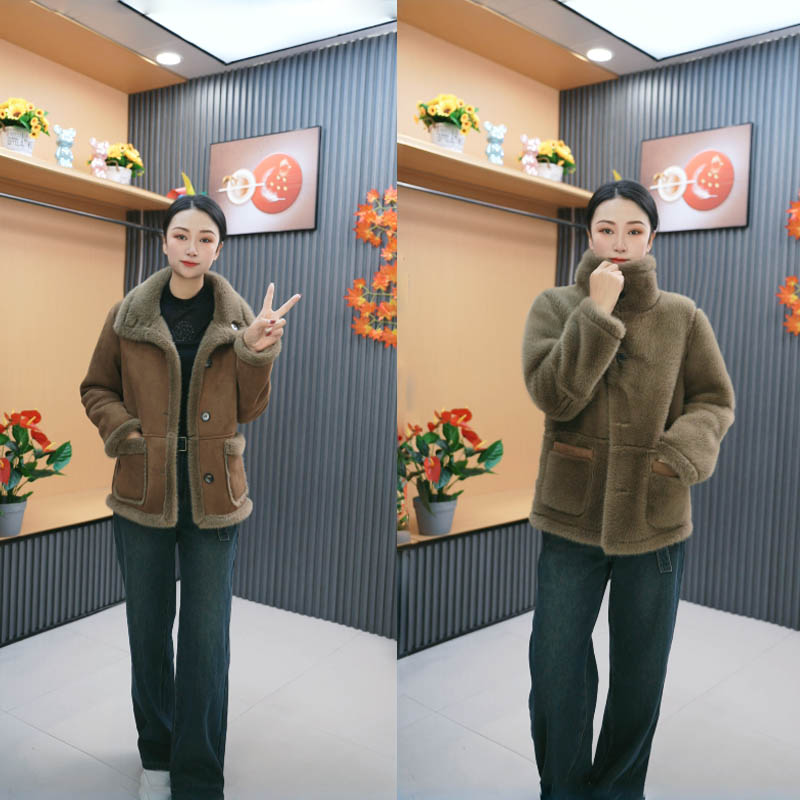 短外套宽松女慵懒风女士时尚秋冬冬季上衣网红百搭立领皮毛一体