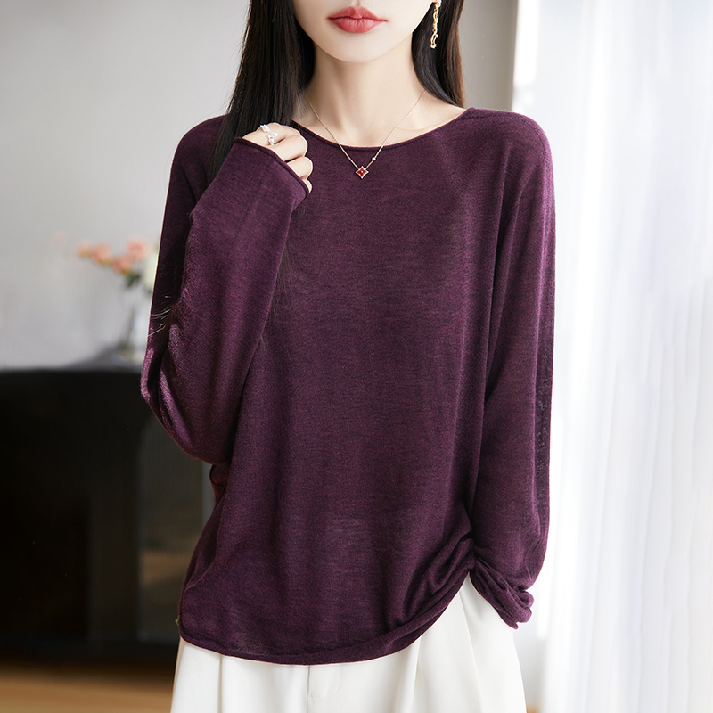 无缝水溶羊毛套头长袖夏季圆领薄款精纺羊毛针织衫纯色简约百搭