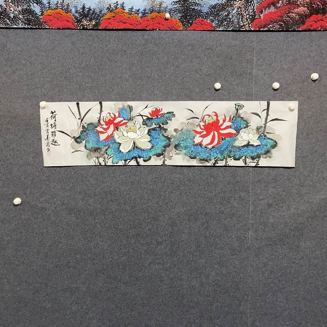 国画四尺对开荷花一副
