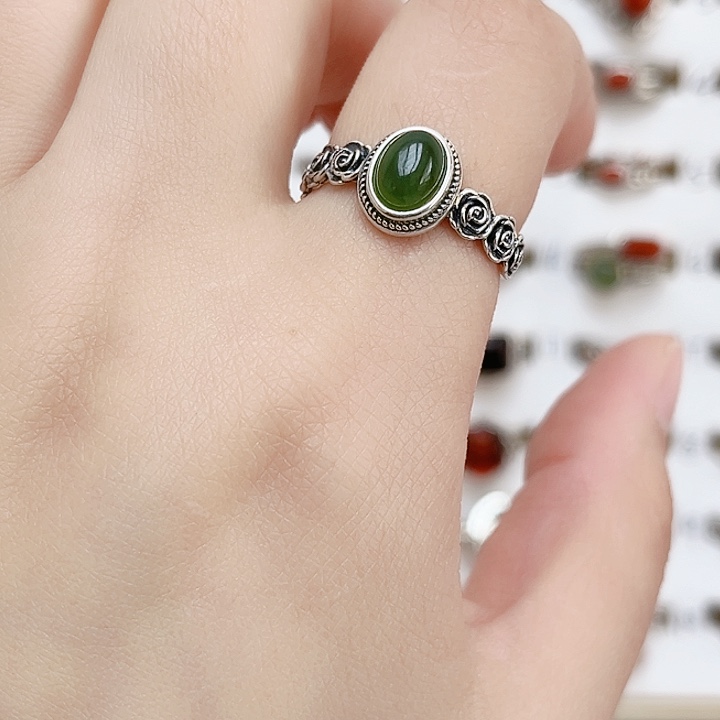 和田玉戒指银S925镶嵌天然