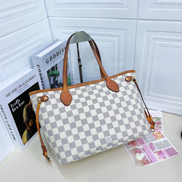 95新 LouisVuitton/路易威登 小号全原白色棋盘格Neverfull单肩包