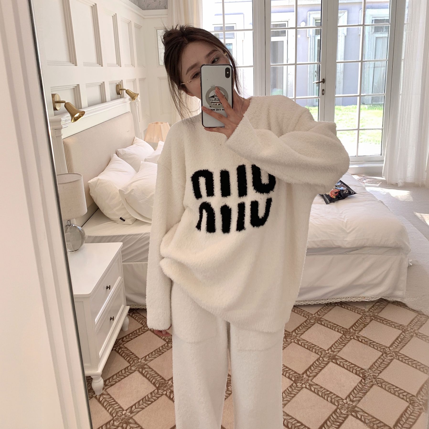 半边绒情侣MM套装冬季新款加绒家居服睡衣圆领韩版长袖网红休闲