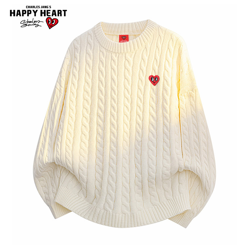查尔斯桃心 麻花纹毛衣男圆领秋冬季加厚加绒宽松懒惰情侣针织衫