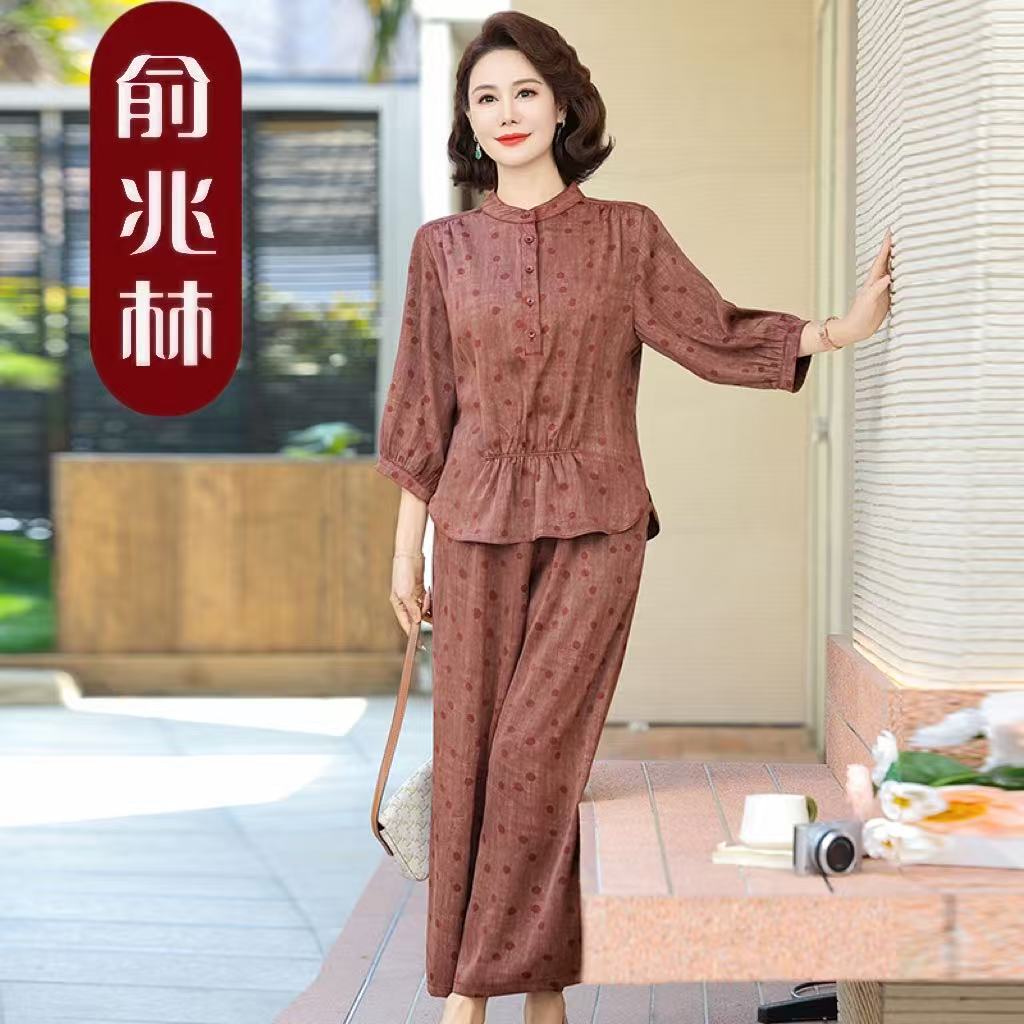 俞兆林春款上新时尚洋气波点铁锈红宽松显瘦荷叶边上衣裤子套装