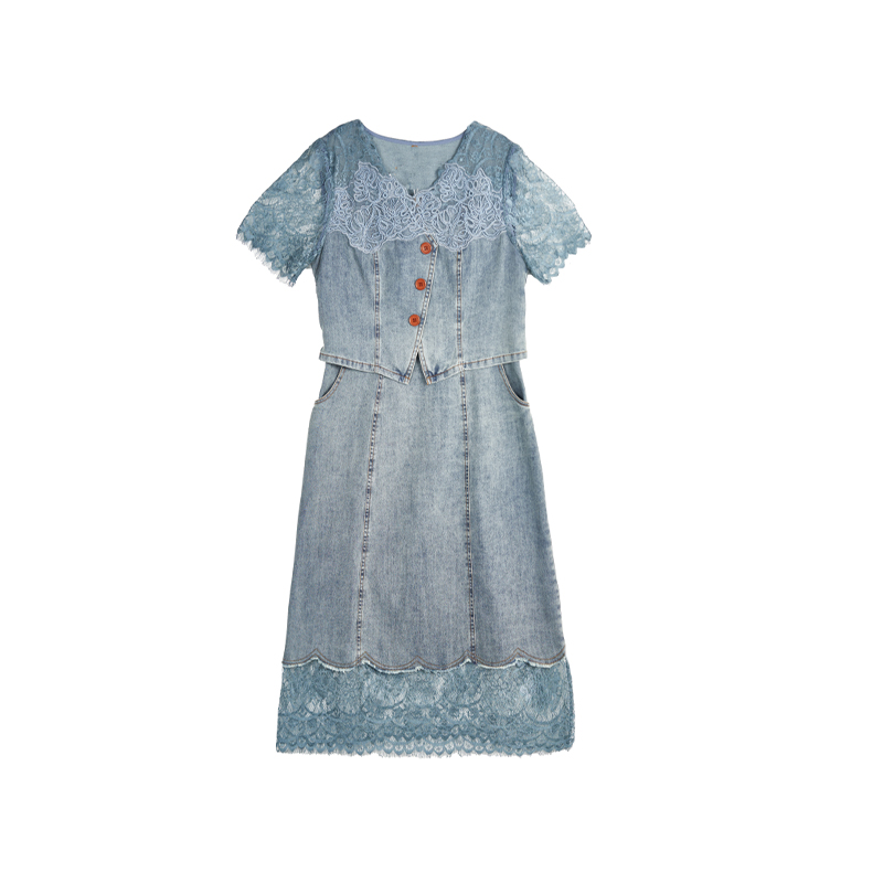 （女装）546 时尚设计感女装蕾丝拼接假两件牛仔连衣裙