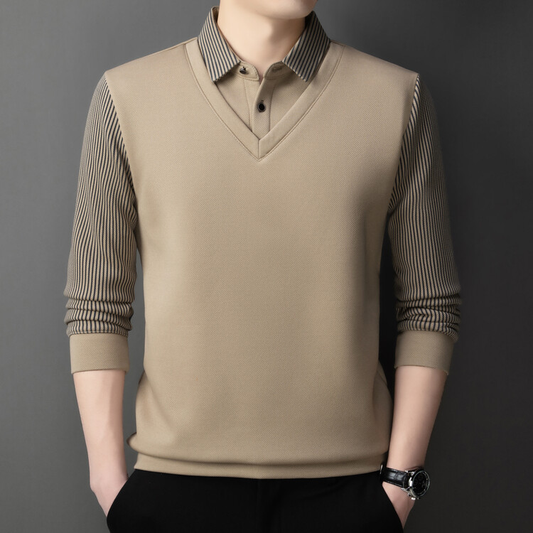 中青年男士长袖体恤薄款上衣假两件宽松大码保暖针织衫