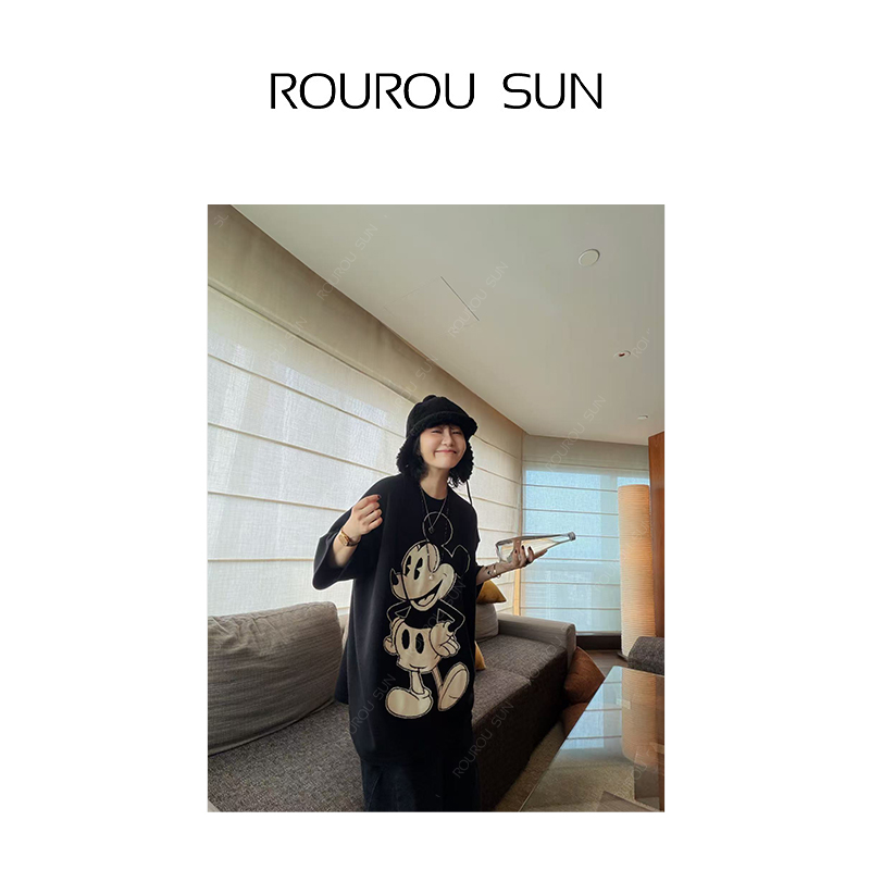 29853冬款女装时尚米奇卡通印花圆领短袖宽松休闲针织T恤