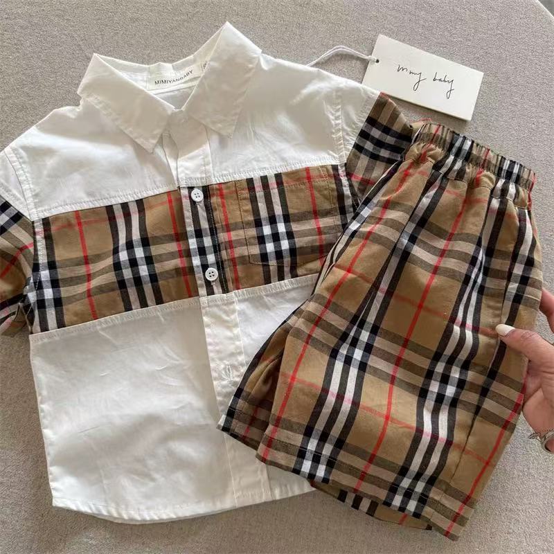 2025新品男童短袖衬衫短裤两件套装韩版经典格子童装女童两件套潮