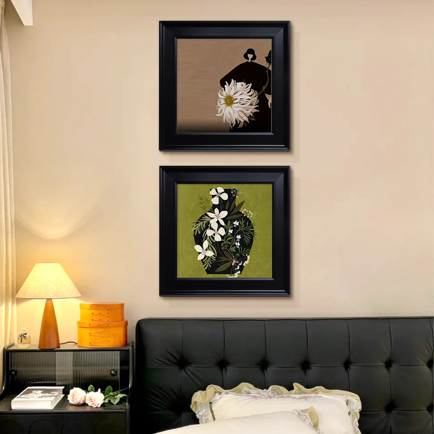 卧室床头装饰画2025新款中古风主卧挂画复古油画房间两联壁画高档