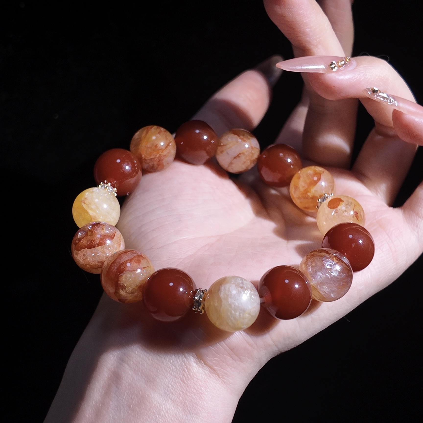 【腕间赤霞】天然水晶红玛瑙红胶花黄胶花原创爆款水晶手串