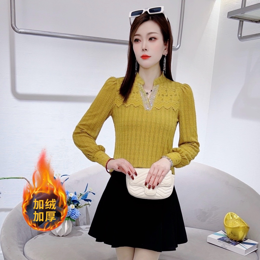 A9012时尚秋冬磨毛蕾丝打底衫女新款长袖百搭显瘦减龄上衣