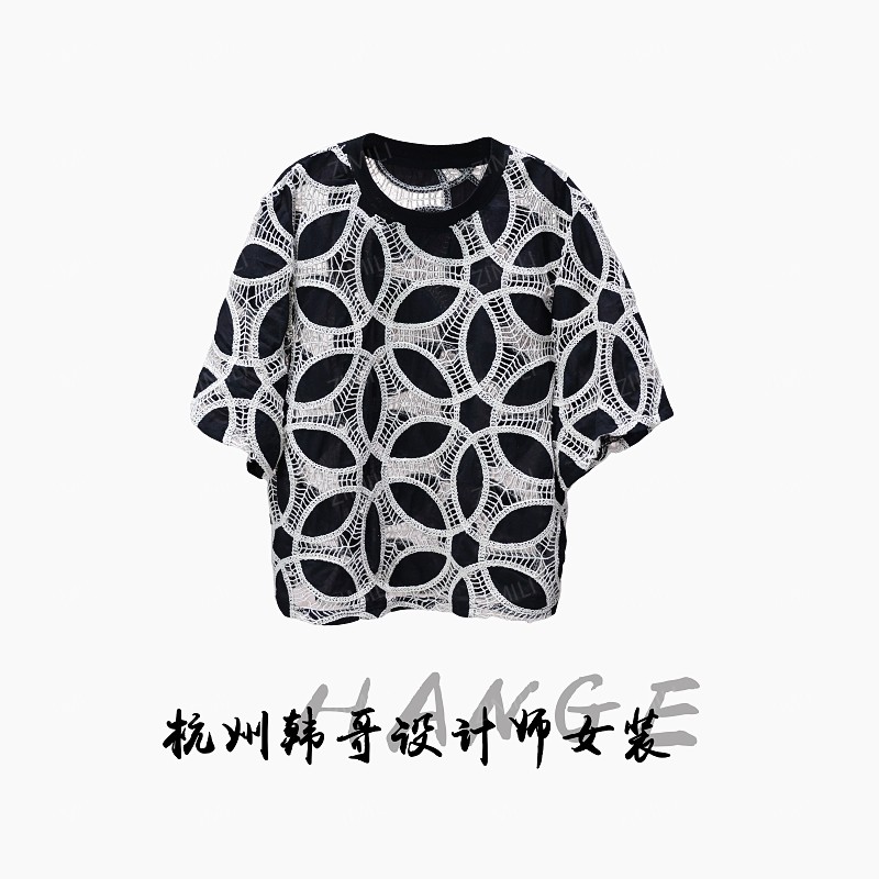 【韩哥女装】2025欧版重工设计杏/黑撞色勾花蕾丝气质短袖9001-B0