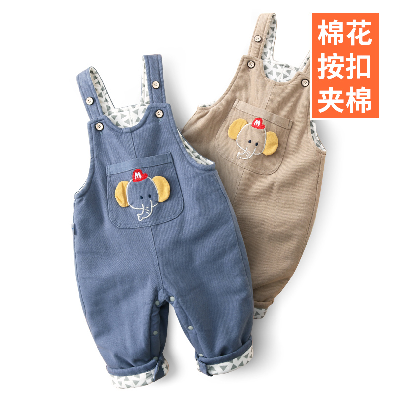 宝宝背带棉花棉裤秋冬按扣开裆裤夹棉纯棉小童男加棉婴儿背带裤冬