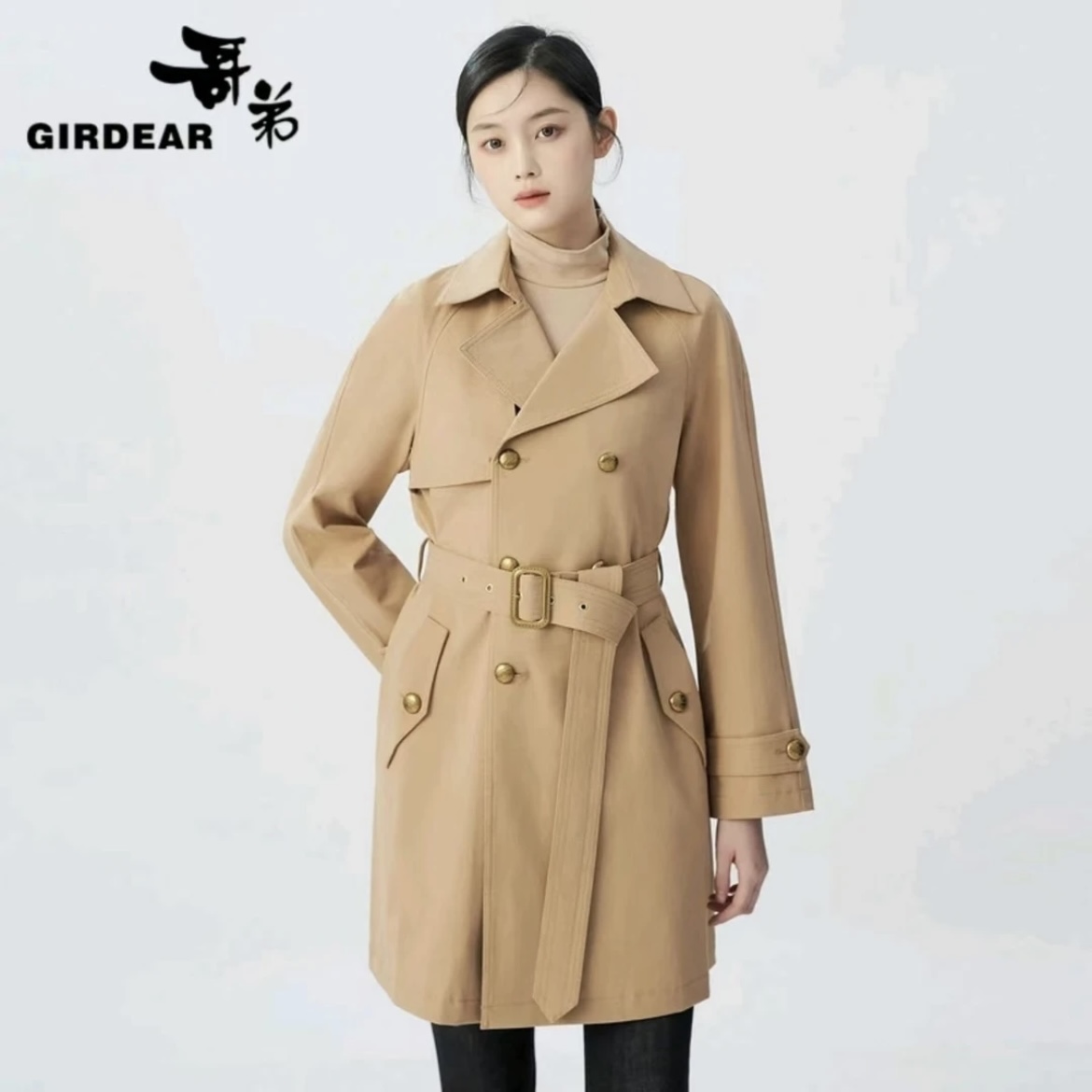 GIRDEAR/哥弟法式通勤中长款双排扣腰带气质通勤风衣外套1400666
