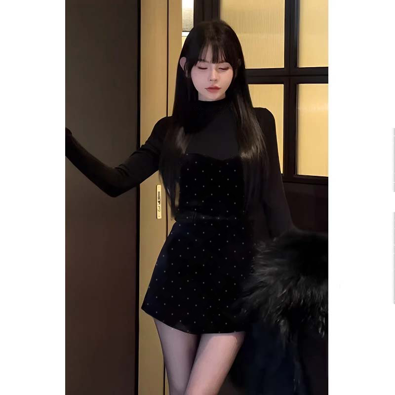 秋冬新年战袍茶系穿搭法式名媛小香风假两件连衣裙D4415