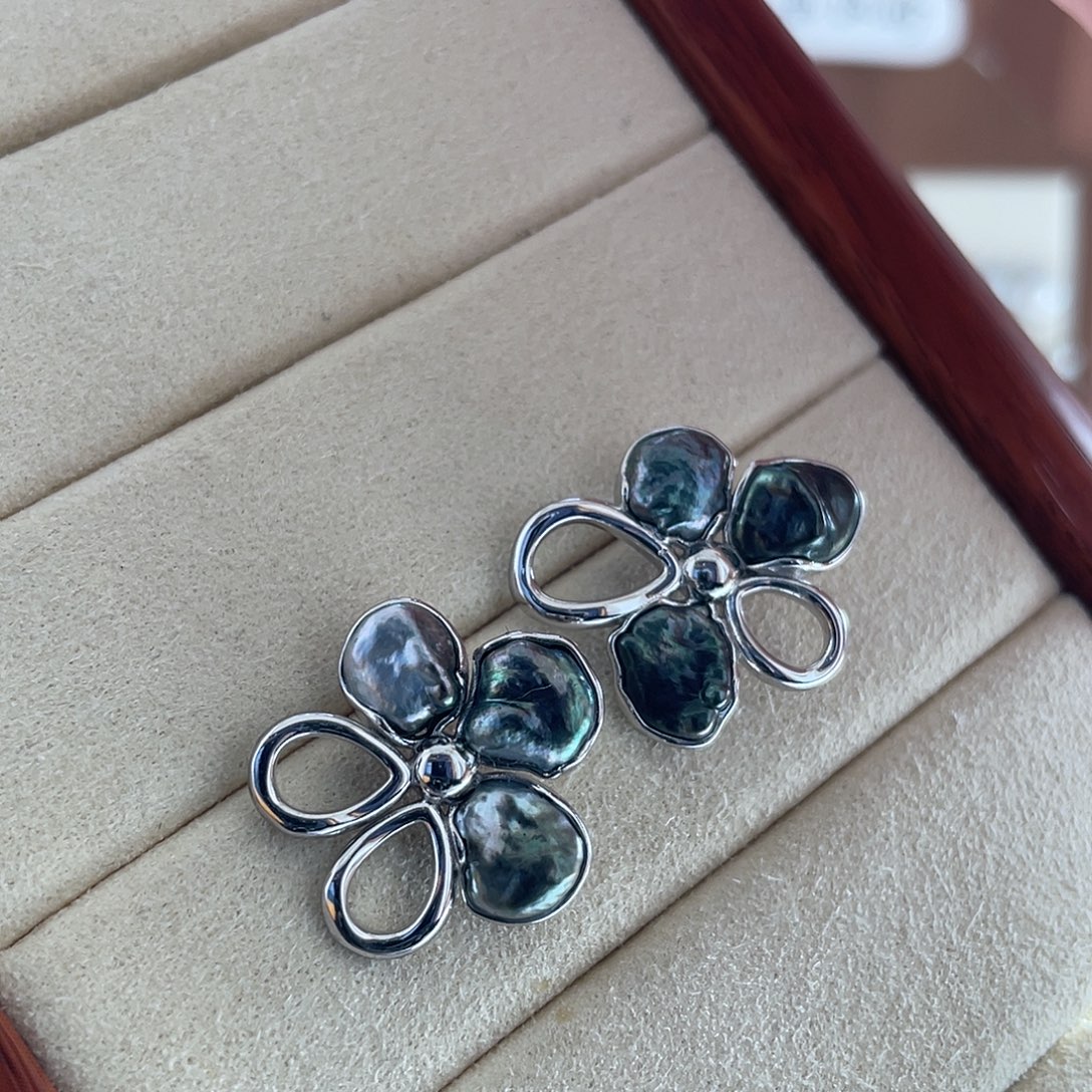 海水珍珠银S925镶嵌耳饰