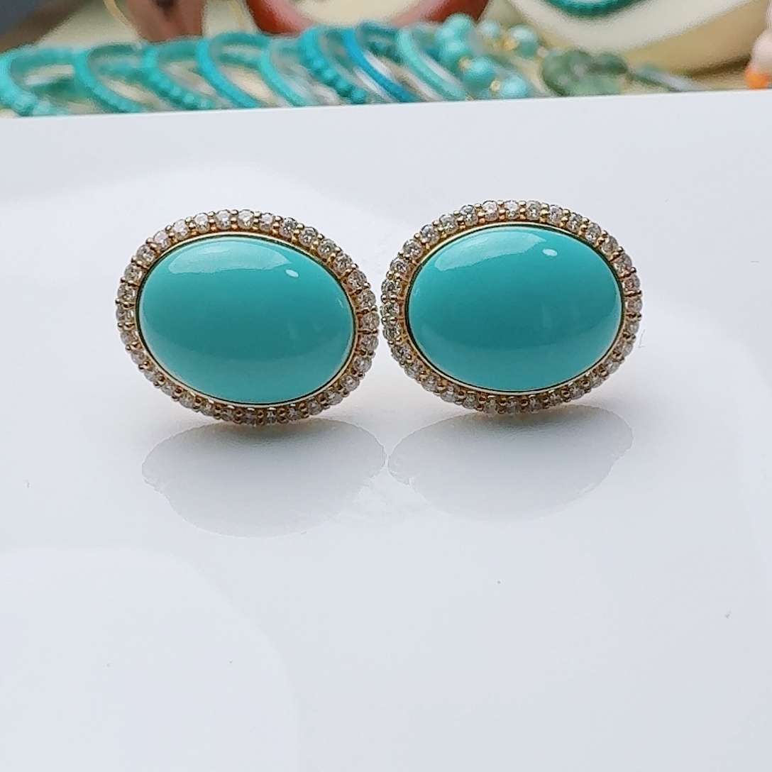 绿松石18K金镶嵌高瓷蓝绿大蛋面耳钉