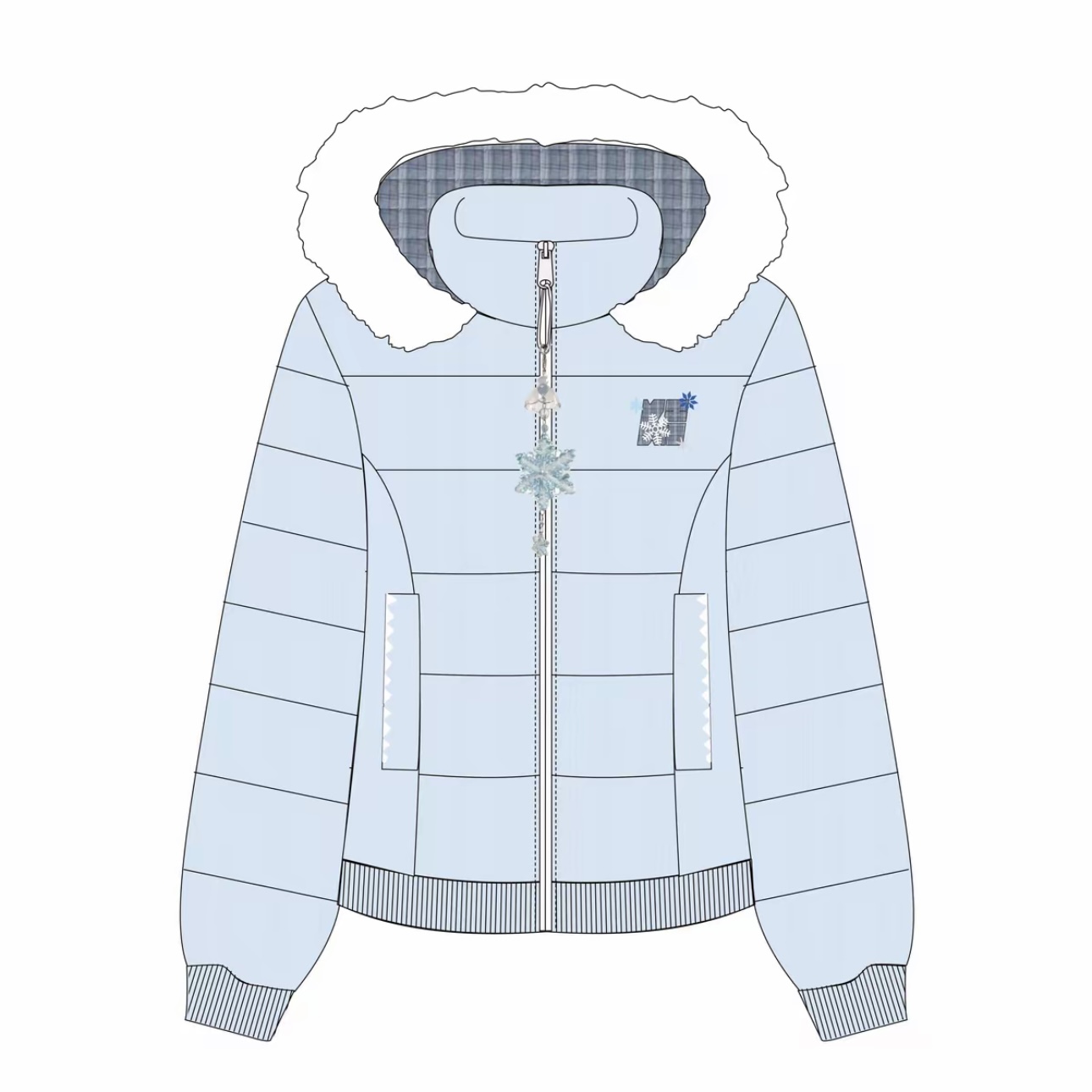 SREK冬季甜美连帽棉服女冬季格子拼接拉链棉衣百搭可爱减龄外套