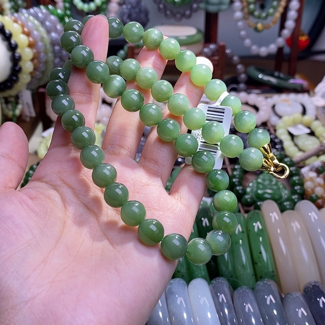 和田玉收藏碧玉冰底绿猫眼项链10m未镶嵌