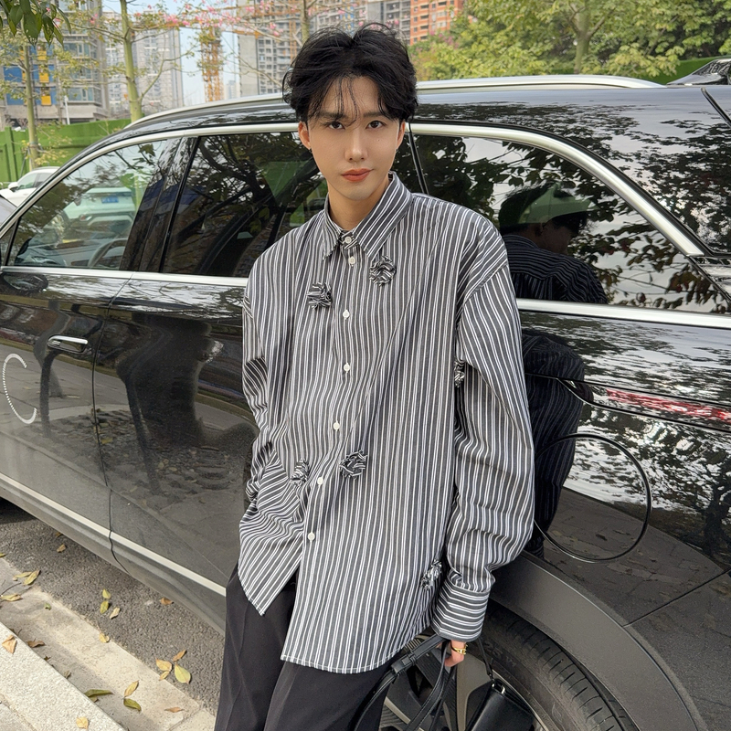 陈大富2025新款原创设计立体花朵条纹衬衫男韩版宽松情侣衬衣外套
