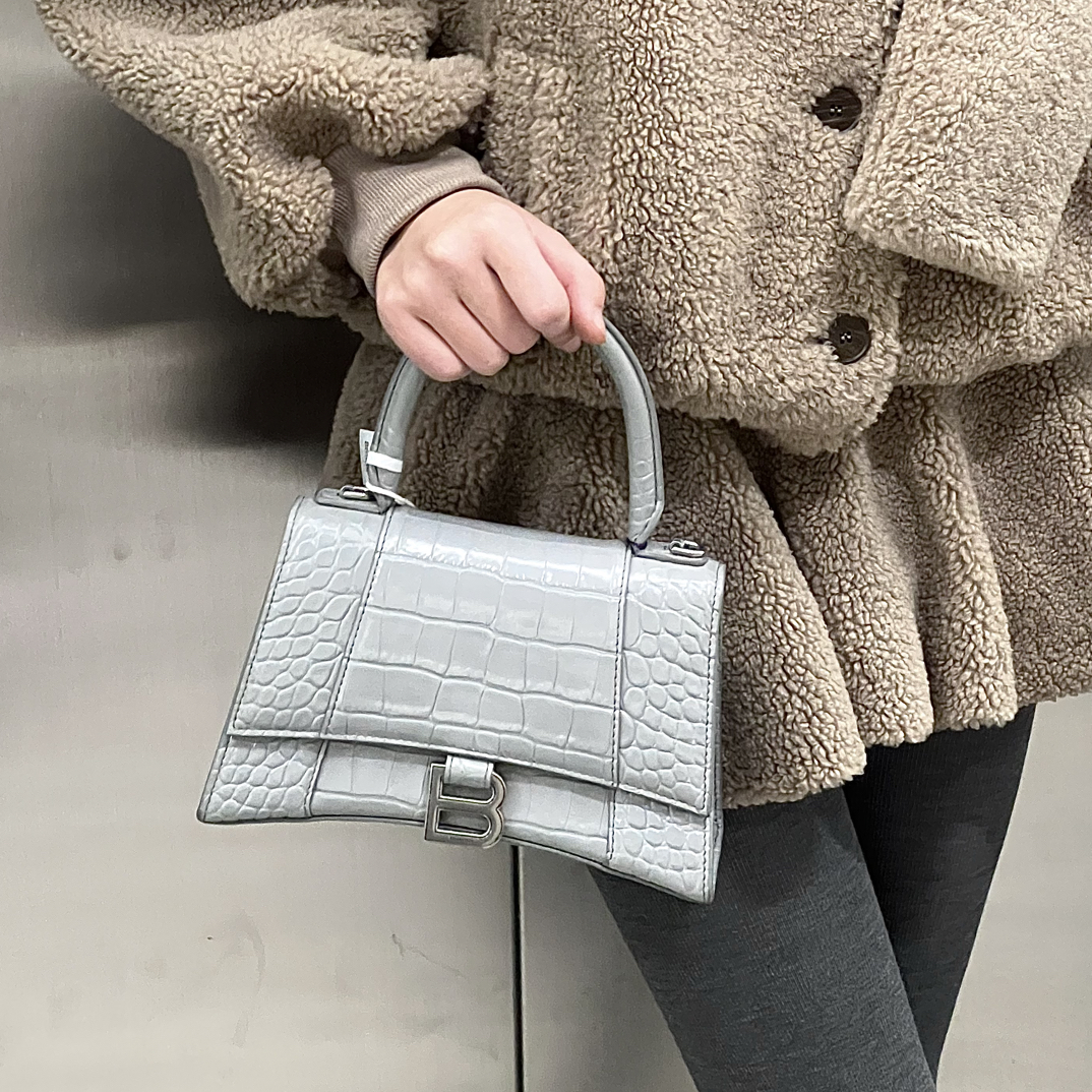 95新 Balenciaga/巴黎世家 s灰色鳄压纹沙漏手提斜挎包沙漏包
