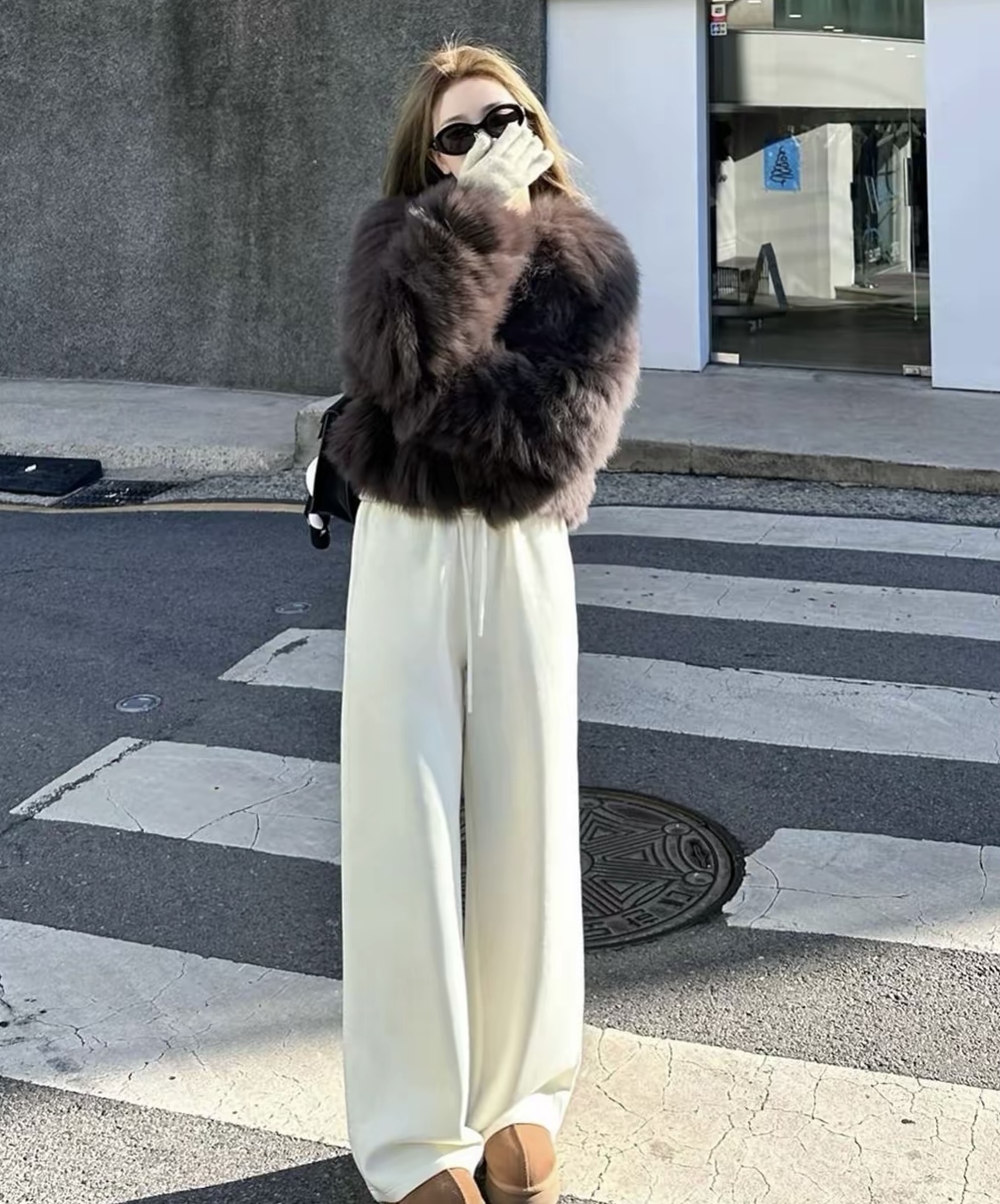 韩Egg冬款加绒加厚羊毛圈显瘦女休闲直筒裤宽松抽绳高腰拖地裤 