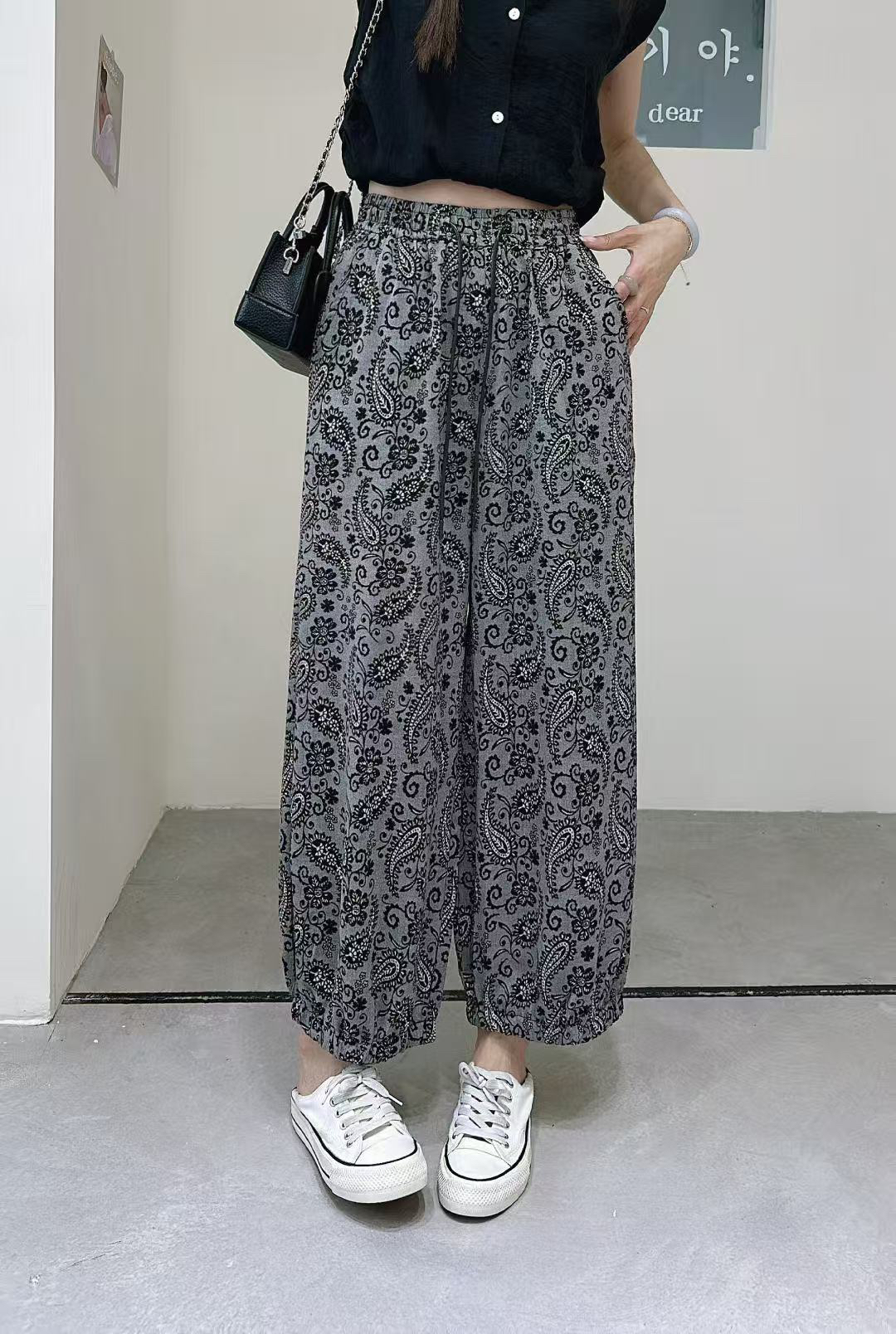 夏季复古腰果印花亚麻宽松垂感九分哈伦女裤