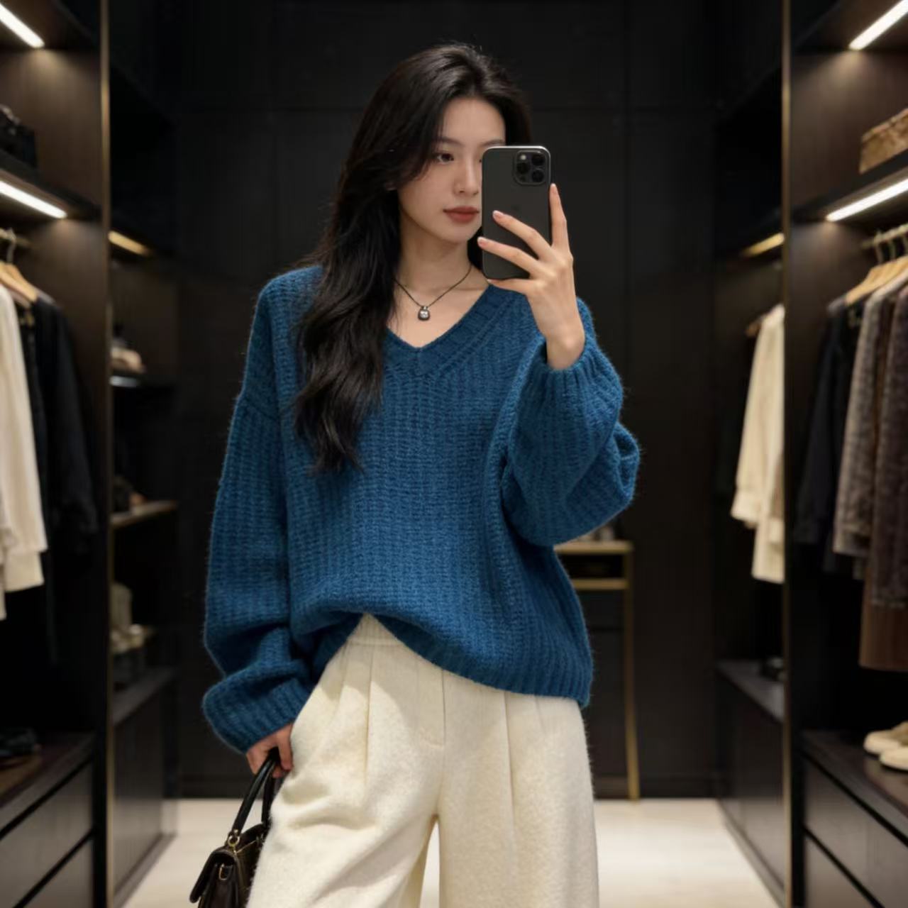 100羊毛勿机洗！胸120-160长4V领针织上衣 4792