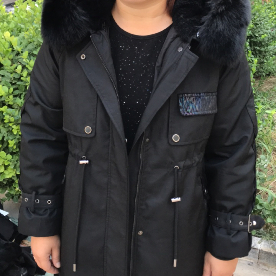 中长款女冬季螺纹下摆纯色派克服时尚百搭休闲可脱卸