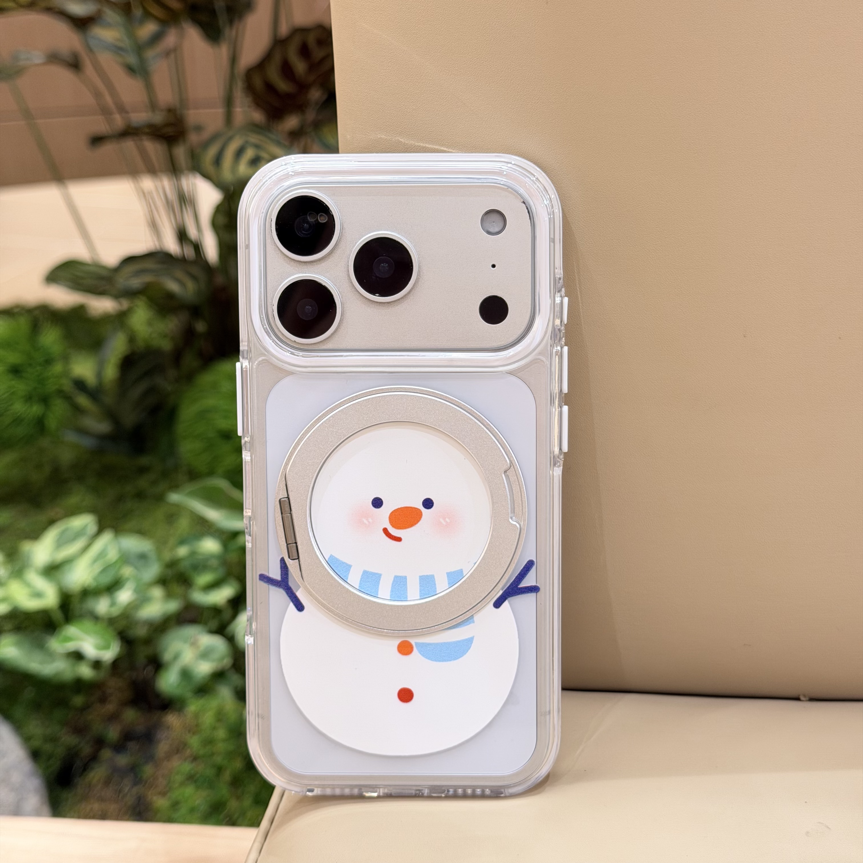 喵六家小雪人卡通透明360° 旋转支架手机壳适用苹果17promax防摔